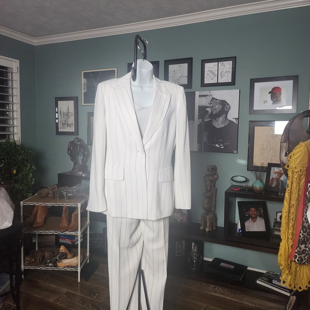 Kasper White Pinstripe Three-Piece Suit Blazer & Trousers, Cami